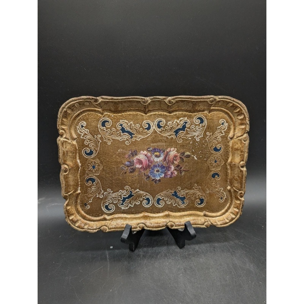 Vintage Mira Italian Florentine Wood Tray Hand Painted Gold Leaf Floral Gilt 10"